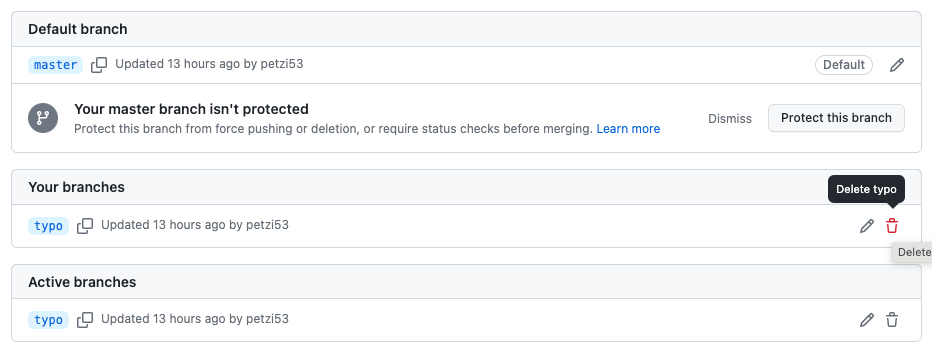 A screenshot shows the default branch "master" and "Your branches" named "typo," which also figures under "Active branches". The cursor hovers over the trash can to delete the active branch "typo".