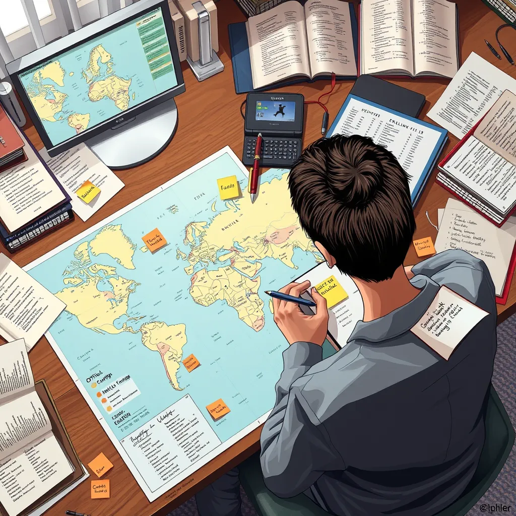 A person or analyst sitting at a desk, deeply engaged in examining and organizing data into a world map. The scene shows the actual thinking process, not before/after states.