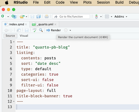 The screenshot shows a part of the RStudio source code window with two file tabs 'index.qmd' (active) and '_quarto.yml'. Below is a line of partly disabled buttons where the focus is on the 'Render' button that has below a tip tool saying 'Render the current document (SHIFT-CMD-K)'
