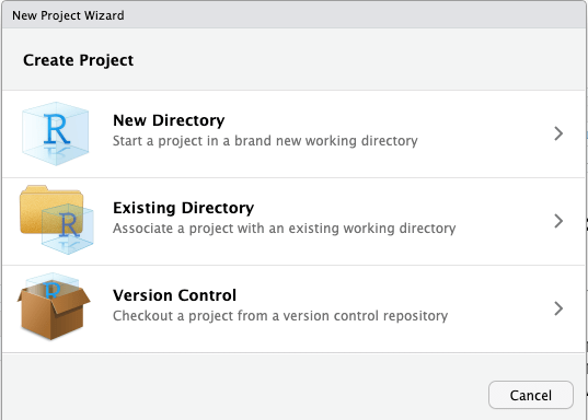 RStudio new project wizard window with three options reading from the top: New Directory - Start a project in a brand new working directory; Existing Directory - Associate a project with an existing working directory; Version Control - Checkout a project from a version control repository.