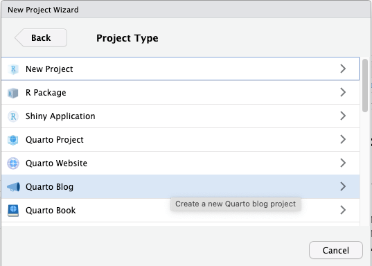 The Project Type dialog window lists the choices for new project. The first seven options are visible: New Project, R Package, Shiny Application, Quarto Project, Quarto Website, Quarto Blog, Quarto Book. (From top to the bottom. Top left is a button 'Back' for returning to the previous dialog window. Bottom right is a 'Cancel' button to stop the initialization process.