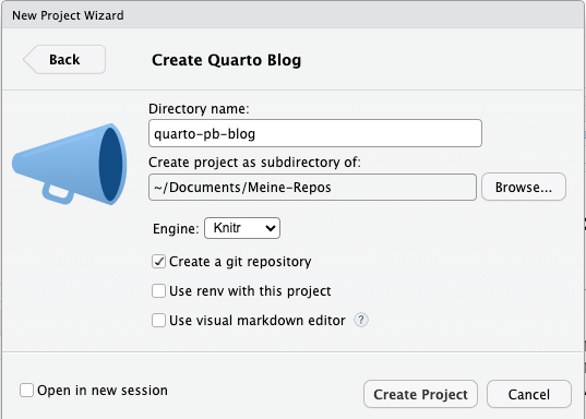The 'Create quarto Blog' dialog window requires a file name for the directory of the repository, titled 'Directory name', a directory where the project will be created, titled 'create project as subdirectory of:' with a 'Browse' button to the right, a drop down menu selecting 'Knitr' as the current option, titled 'Engine', three lines of check boxes, titled 'Create a git repository' (checked), 'Use renv with this project' and 'Use visual markdown editor'. The last option is followed by a question sign to get more information about the choice of a visual markdown editor. Top left in the dialog window is a button 'Back' for returning to the previous dialog window. Bottom left is a check box 'Open in a new session', Bottom right are a 'Create Project' button followed by a 'Cancel' button for stopping the initialization process.