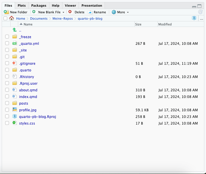 At the top of the screenshot there are six tabs. From left to the right: 'Files', 'Plots', 'Packages', 'Help', 'Viewer', 'Presentation' with the 'Files' tab active. Under the tabs are several buttons. From left to the right: 'New Folder', 'New Blank File', 'Delete', 'Rename' and a drop down menu 'More'. Under these buttons is the full path to the active directory 'Home>Documents>Meine-Repos>quarto-pb-blog' where each subdirectory is an active link. Under this line starts the file listing with 'Name', 'Size' and 'Modified' columns. Each line of file names starts with an (unchecked) check box, and an appropriate icon. From top to bottom: _freeze, _quarto.yml, _site, .git, .gitignore, .quarto, .Rhistory, .Rproj.use, about.qmd, index.qmd, posts, profile.jpg, quarto-pb-blog.Rproj, style.css.