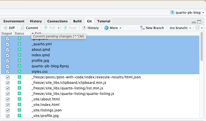 RStudio top right pane with the following tabs: Environment, History, Connection, Build, Git, and Tutorial. The Git pane is selected and therefore active. Under the tabs is another line of icons and text buttons representing Git actions: From left to right: Diff, Commit, Pull (greyed out), Push (greyed out), History, More (drop-down menu), New Branch, (no branch). There is a tool tip under the Commit button saying: 'Commit pending changes (CTRL-ALT-M)'. Underneath it shows added or changed files from the initialization process. From top to the bottom in a blue background: .gitignote, _freeze/, _quarto.yml, _site/, about.qmd, index.qmd, posts/, profile.jpg, quarto-pb-blog.Rproj, style.css. These files are followed by the files in the directories from top to left: _freeze/post/post-with-code/index/execute-results/html.json, _freeze/site_libs/clipboard/clipboard.min.js, _freeze/site_libs/quarto-listing/list.min.js, _freeze/site_libs/quarto-listing/quarto-listing.js, _site/about.html, _site/index.html, _site/listing.json, _site/profile.jpg. There are more files not visible because the window ends here.