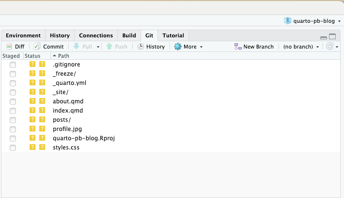 RStudio top right pane with the following tabs: Environment, History, Connection, Build, Git, and Tutorial. The Git pane is selected and therefore active. Under the tabs is another line of icons and text buttons representing Git actions: From left to right: Diff, Commit, Pull (greyed out), Push (greyed out), History, More (drop-down menu), New Branch, (no branch). Underneath it shows added or changed files or folders (ending with a slash) from the initialization process. From top to the bottom: .gitignote, _freeze/, _quarto.yml, _site/, about.qmd, index.qmd, posts/, profile.jpg, quarto-pb-blog.Rproj, style.css.