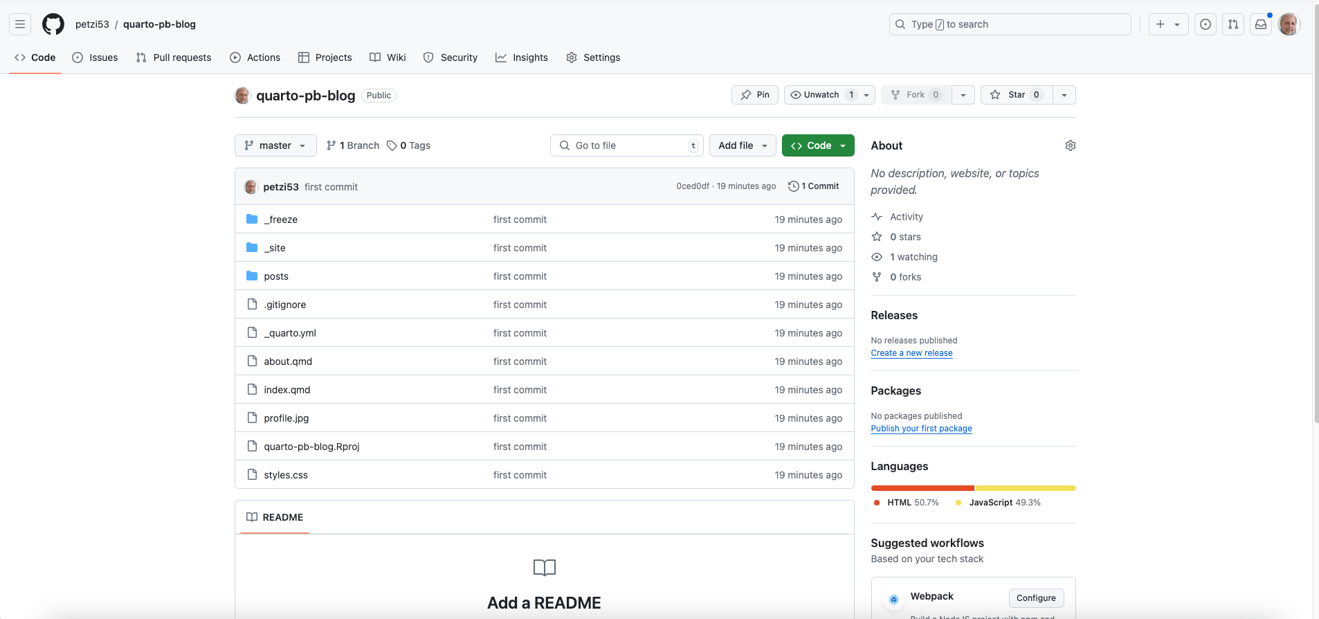 Listing the committed files on the GitHub repo web page in three columns. Name, different commit messages and time ('15 minutes ago' and '10 hours ago' accordingly). At the top left of this list there is a small profile picture of me, followed by the name of my GitHub account 'petzi53' and the text 'first commit'. On the top side you can see the unique commit code '0ced0df' followed by the text '19 minutes ago' and in bold '1 Commit'