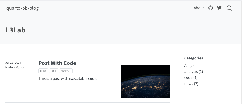 Screenshot of the blog’s homepage. The grey title banner consists of two line. On the top left corner: 'quarto-pb-blog'. On the top right corner: 'About' and the icons for GitHub, X formerly Twitter and a magnifying glass for a search engine. On the lower left side: 'L3Lab' in bold. The white main page consists of four columns. It contains form left to right dummy data: Date and author; title of blog post in bold, buttons for categories, short summary; image; a list of categories with number of their appearances in parenthesis.
