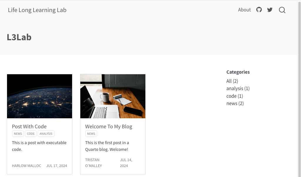 Screenshot of the blog’s homepage. The grey title banner consists of two line. On the top left corner: 'quarto-pb-blog'. On the top right corner: 'About' and the icons for GitHub, X formerly Twitter and a magnifying glass for a search engine. On the lower left side: 'L3Lab' in bold. The white main page consists of two boxes and a list of categories. Each box consists of five (dummy) elements. From top to down: image, post title, category buttons, short description, author and date. On the right side is a list of categories with numbers of their appearances in parenthesis.