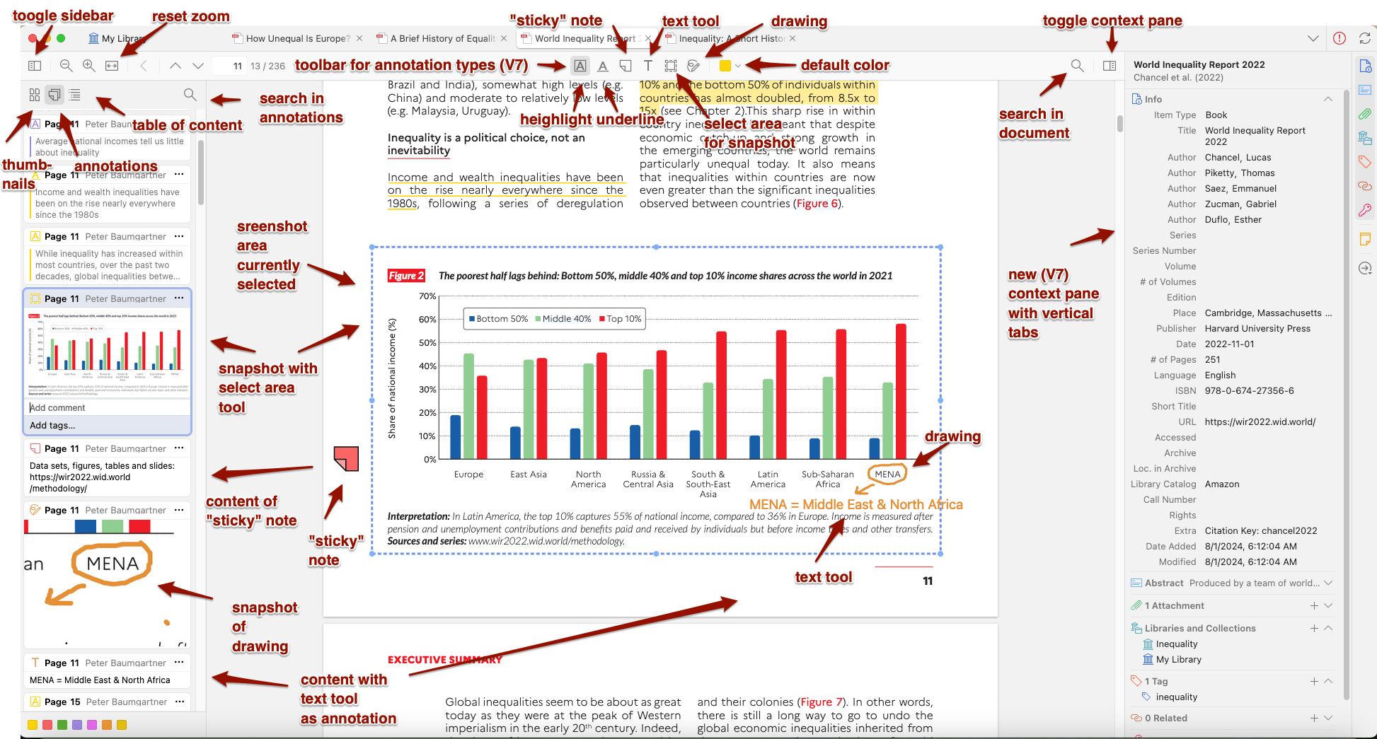 The screenshots show three horizontally divided panes: Left are the annotations, in the center is the content of the PDF file, and right are ten annotations collected as a separate note item.