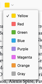 The screenshot shows a vertical listing of the eight different colors available in Zotero. Each line starts with a colored box followed by the name of the color.