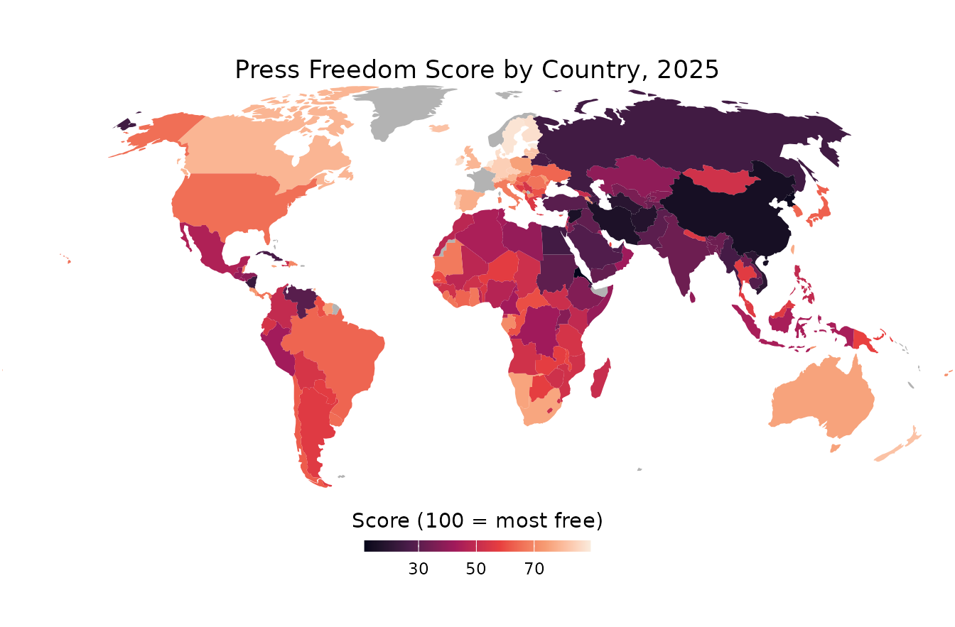 World map colored by press freedom score in 2025, using the Robinson projection. Countries range from dark red (low score, less free) to light yellow (high score, more free); a handful of small territories not rated by RSF are shown in grey.