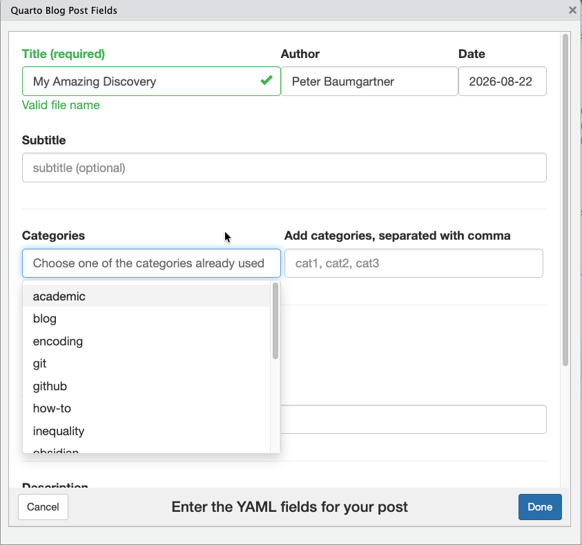 Dialog window showing input fields for title, author, date and subtitle